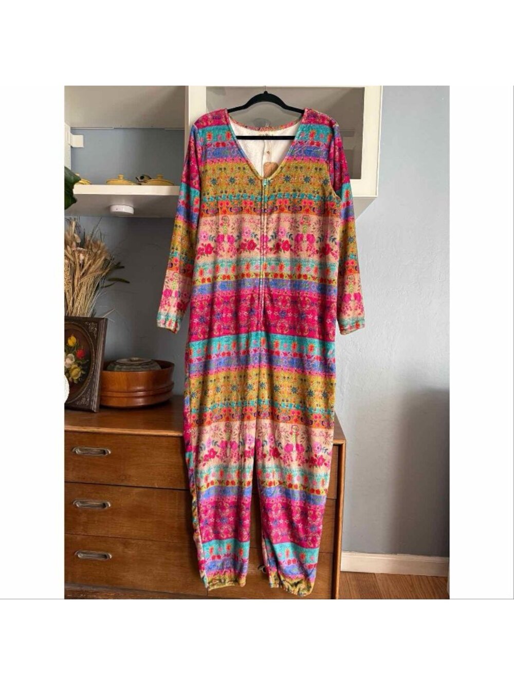 Natural Life Pajamas Long Sleeve V-Neck Fleece Zip One Piece Magenta Floral M